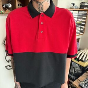 Vintage 90s 2000s Red & Black Colorblock Cropped Boxy S/S Knit Polo ~ Size M